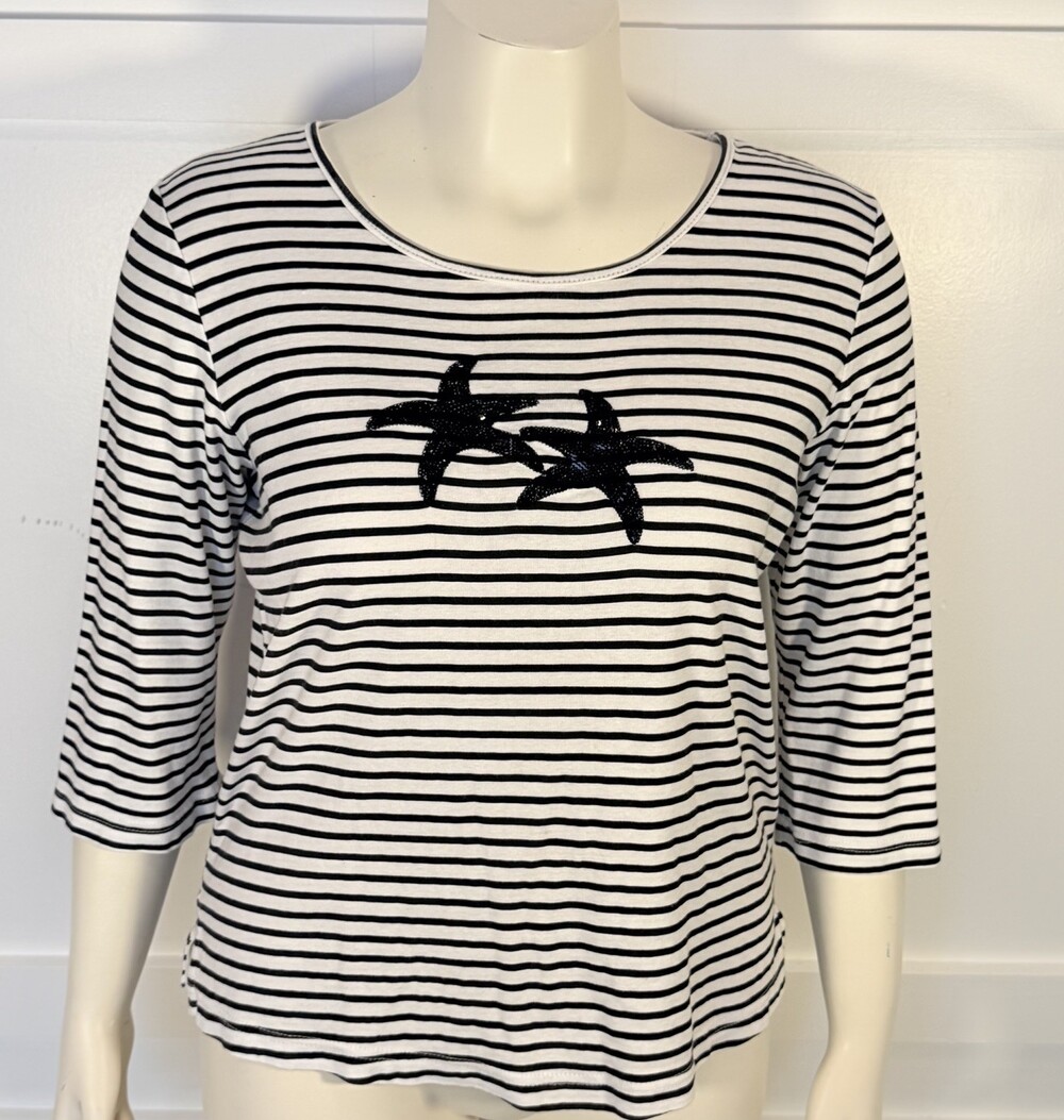 Lulu-B Striped Starfish Tee Shirt Wonen's L Black White